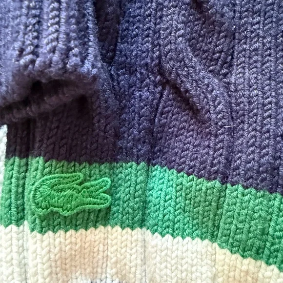 Lacoste Navy Cable-Knit V-Neck Sweater with Green and Cream Stripes - Picture 4 of 5